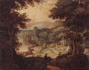 unknow artist a wooded landscape with a hunting party at the edge of a lake,a castle beyond oil painting artist